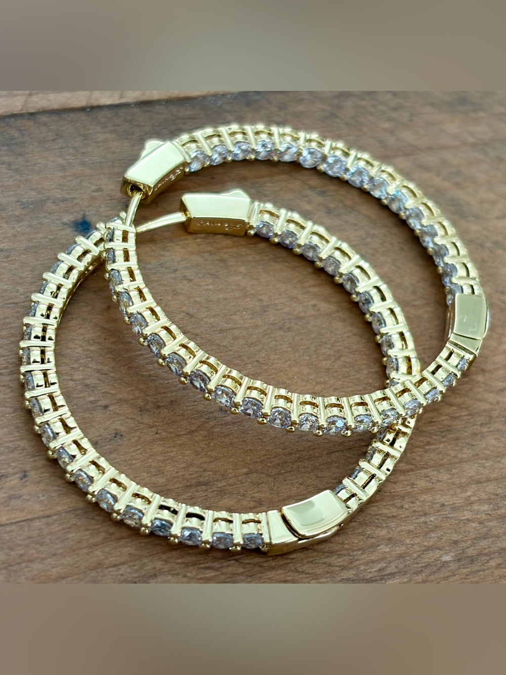 VINTAGE JB CHINA GOLD TONE INSIDE -OUT CZ HOOP EARRINGS 1.75" HSN/JTV